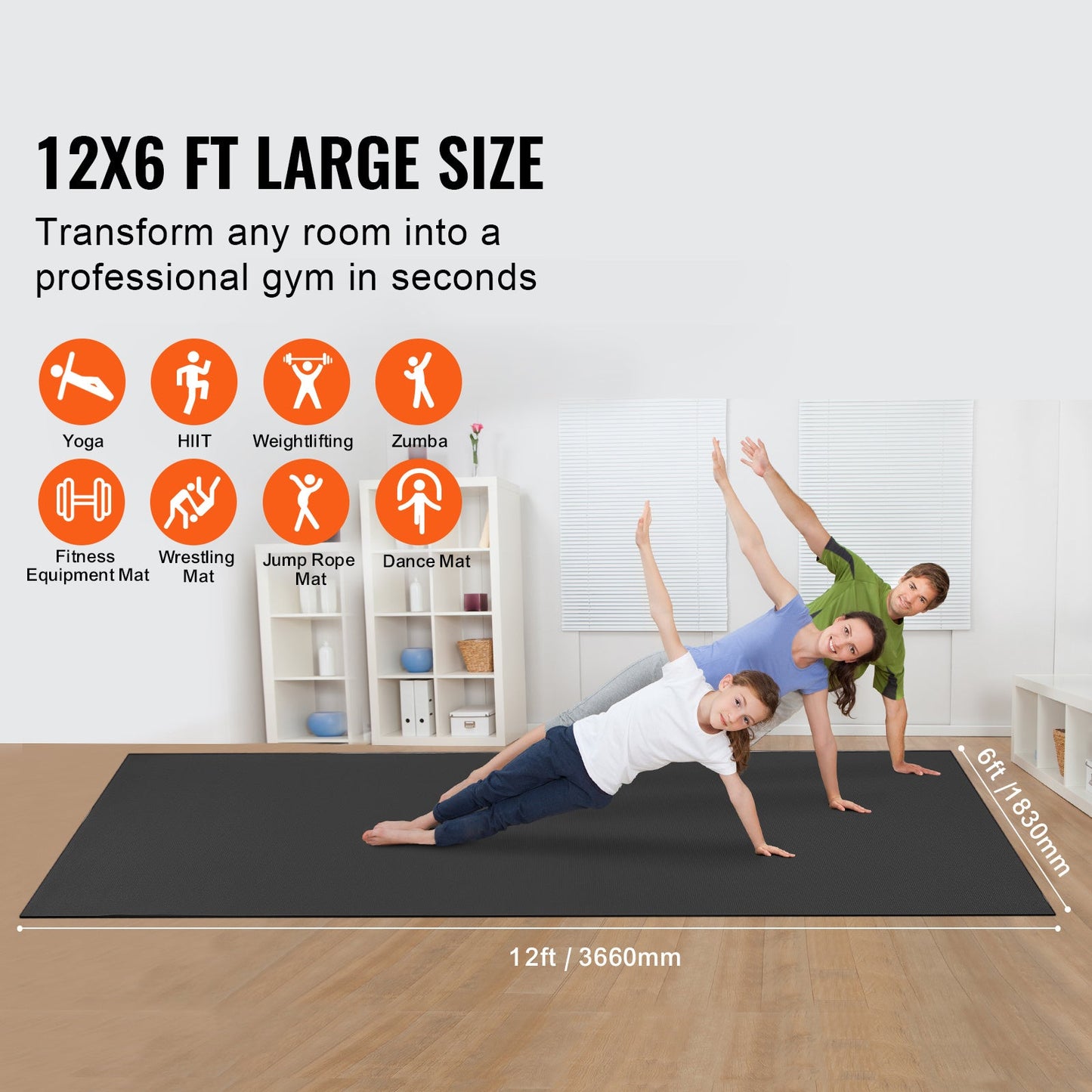 Fitnessmat – Yogamat – Trainingsmat – Oefenmat – Pilatesmat – Extra Groot 12x6ft – Anti-Slip PVC Dikte 7mm