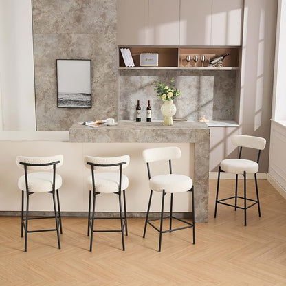 Set of 2 Modern Counter Height Bar Stools with Upholstered Boucle Seats & Backrests - Heavy-Duty Metal Frame, 136.08KG Weight Capacity, Black Legs & White Cushioned Seating - Easy Assembly, Contemporary Kitchen Island Chairs