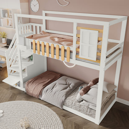 Wit Stapelbed – Kinderbed – Hoogslaper – Bovenbed – Stapelbed Met Veiligheidsnet – Drie-Delige Opbergladder – Ruimtebesparend Twin/Full Bed – Stevige Ladder Met Bescherming