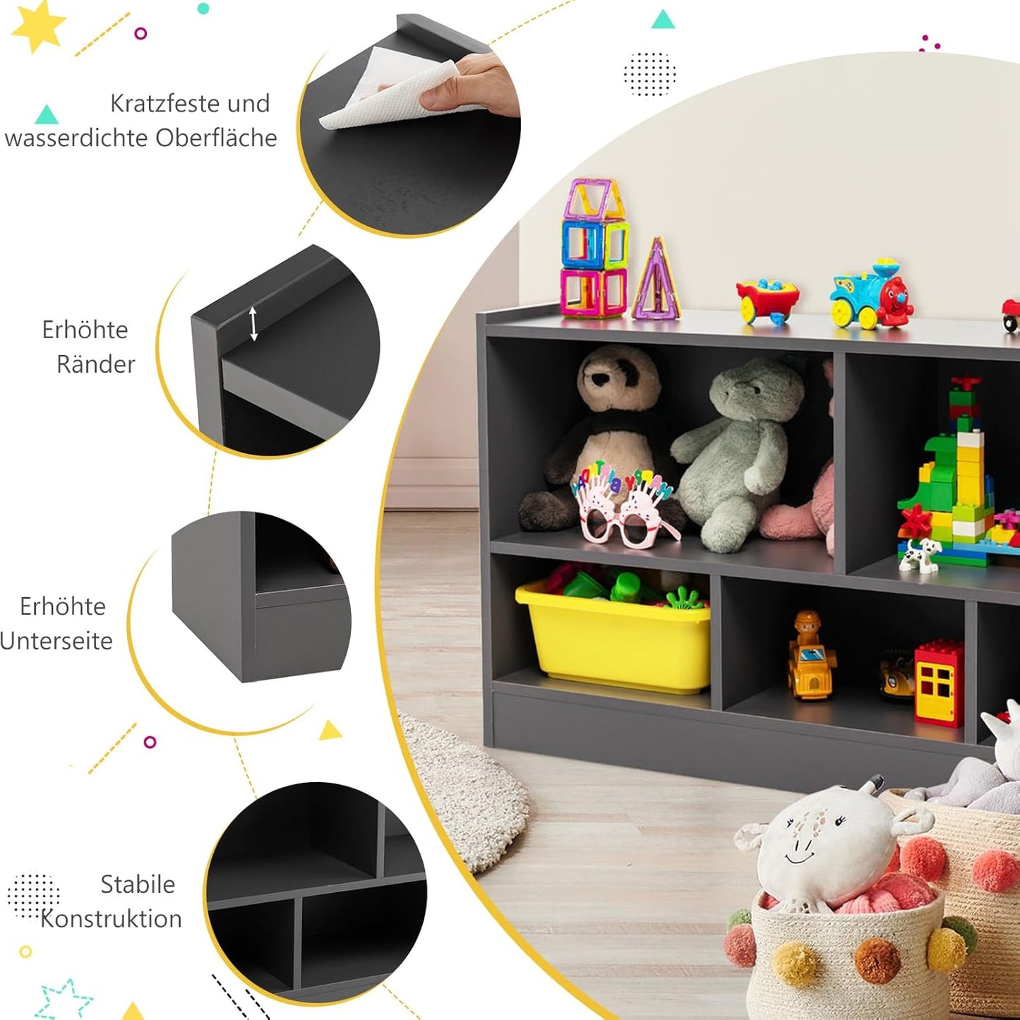 Houten Speelgoedkast – Speelgoedrek – Opbergkast – Kinderkast – Speelgoedmeubel – 5 Ruime Vakken – Veilig Afgeronde Hoeken – Bruin 111x30x61,5 cm