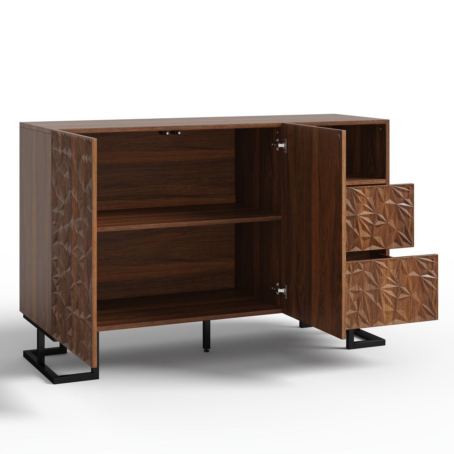 Modern Brown Entryway Storage Cabinet with 2 Doors & 2 Divided Drawers - Large Capacity Sideboard (≥3.2 Cu Ft), Metal Legs & Wicker Back Panel, Freestanding Hallway Furniture for Living Room, Dining Room - No Assembly Requi