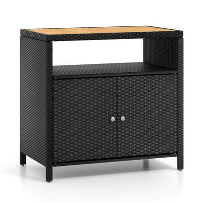 Tuinkast Rattan Kast Buitenberging Opbergkast Tuinmeubel – Zwart – 90x53x86 cm – Acaciahouten Werkblad – Weerbestendig Metalen Frame