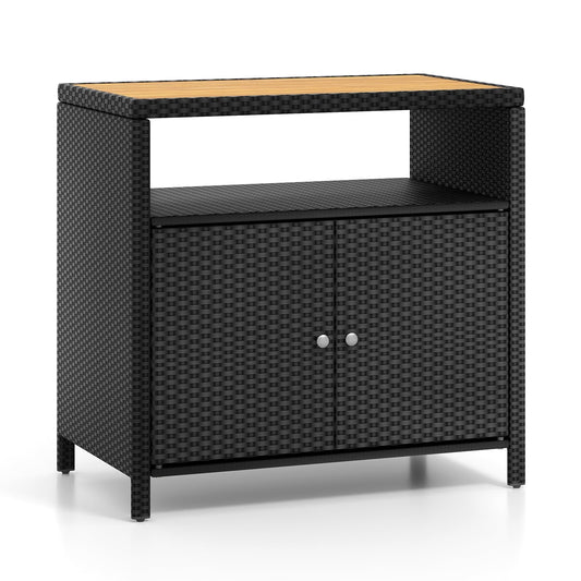 Tuinkast Rattan Kast Buitenberging Opbergkast Tuinmeubel – Zwart – 90x53x86 cm – Acaciahouten Werkblad – Weerbestendig Metalen Frame