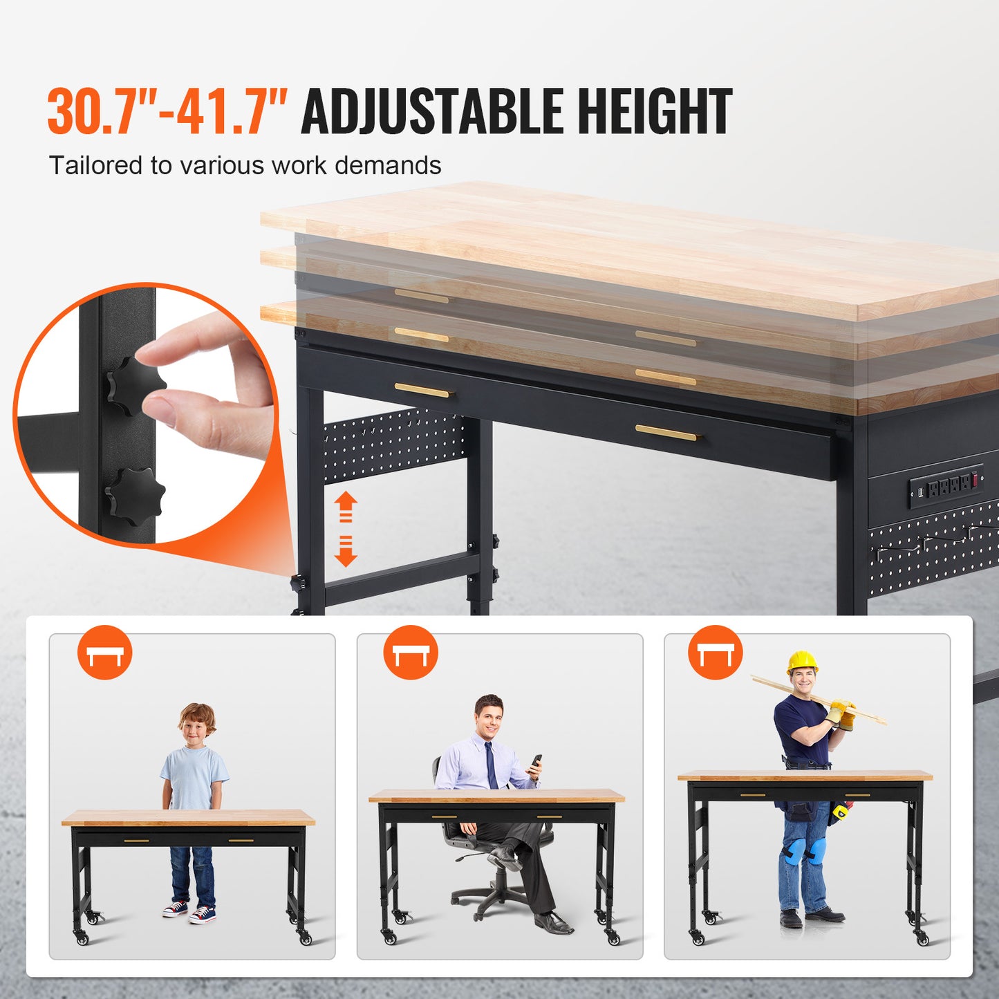 Werkbank – Werktafel – Werkbank Op Wielen – Werkplekken – Klusbank – Verstelbare Hoogte 78-106 cm – Ingebouwd Stopcontact & Lade