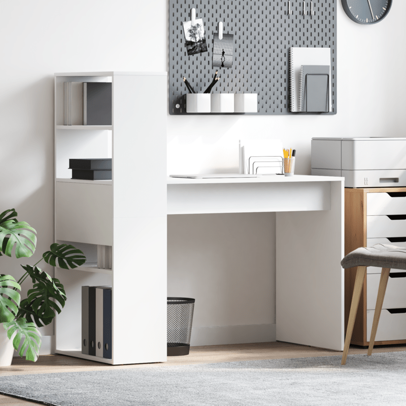 Bureau – Computertafel – Werkplek – Schrijftafel – Desk – Modern Compact Wit Bureau – Ruimtebesparend Met Open Opbergrek – Stevige MDF Houtconstructie 113x54x120 cm