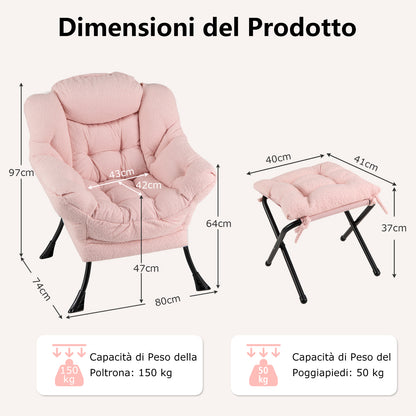 Lazy Chair – Fauteuil – Relaxstoel – Zitzak Stoel – Loveseat – Moderne Sherpa Stof – Opvouwbare Voetenbank – Zijvak Opbergruimte