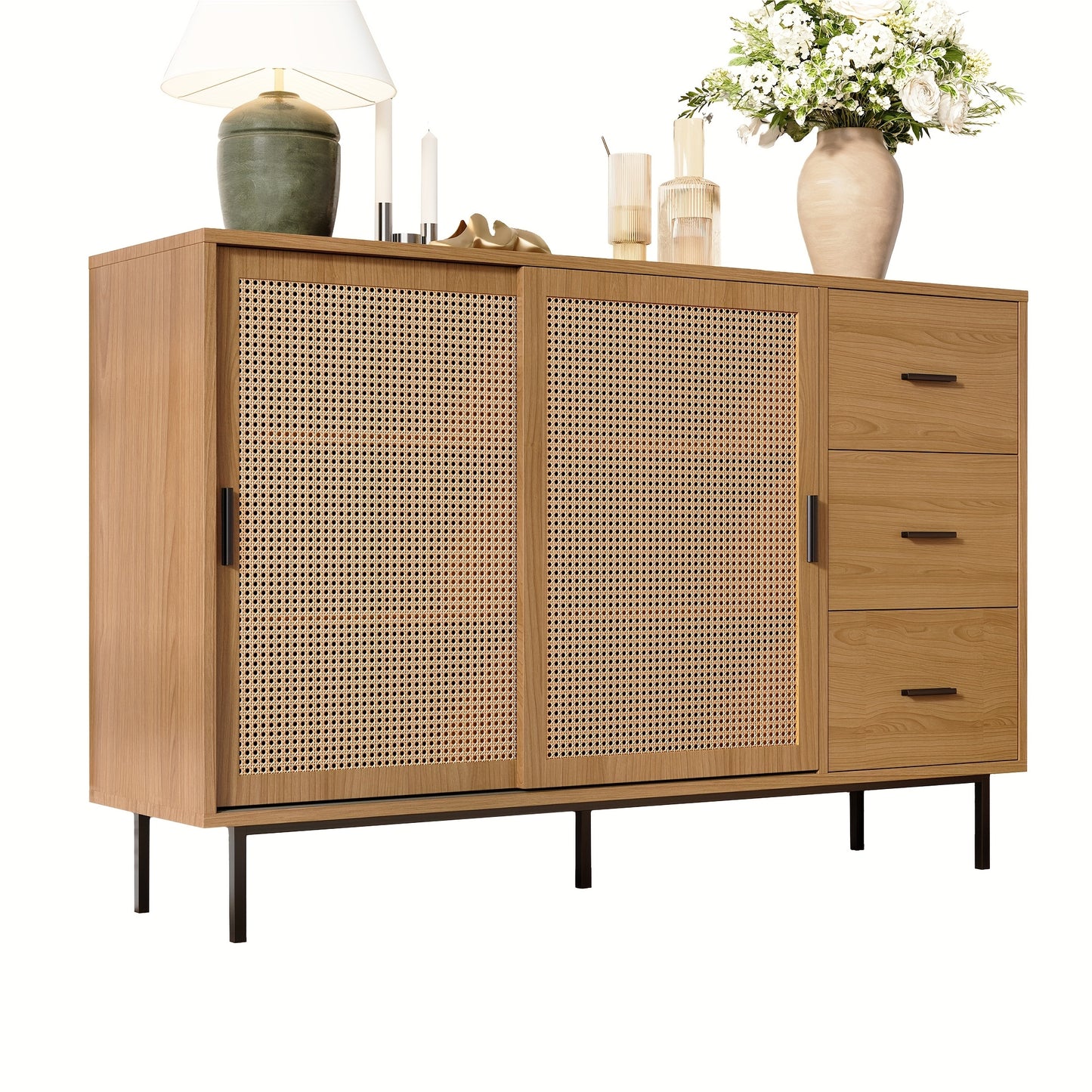Rustic Modern Metal with 2 Sliding Doors & 3 Drawers - Adjustable Shelves, Freestanding/Dining Room Sideboard, Space-Saving Design (140x91x37cm) - No-Wood Furniture in Neutral Tones for Apartments, Farmhouse, or Contemporary