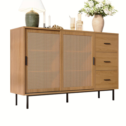 Rustic Modern Metal with 2 Sliding Doors & 3 Drawers - Adjustable Shelves, Freestanding/Dining Room Sideboard, Space-Saving Design (140x91x37cm) - No-Wood Furniture in Neutral Tones for Apartments, Farmhouse, or Contemporary