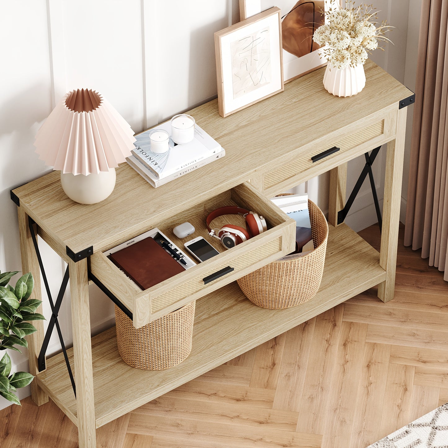Sidetable – Consoletafel – Haltafel – Wandtafel – Bijzettafel – Smal ontwerp 118x78x37 cm – Hardhout en rattan