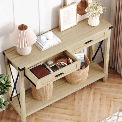 Sidetable – Consoletafel – Haltafel – Wandtafel – Bijzettafel – Smal ontwerp 118x78x37 cm – Hardhout en rattan