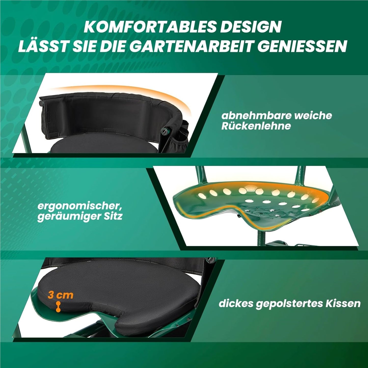 Tuinstoel – Tuinstoelen – Tuinwagen – Tuinmeubel – Tuinkruk – 360° Draaibaar – In Hoogte Verstelbaar – Met Wielen – Met Opbergruimte – Met Kussen – Max 150 kg – Groen Metalen Frame
