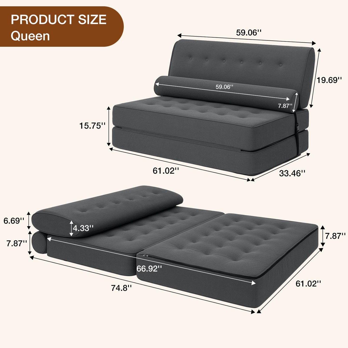 Bedbank – Slaapbank – Slaapstoel – Logeerbed – 3-in-1 Bank – Corduroy Bekleding – Dikke Sponsmatras 7,1 cm – Antislip Onderzijde – Queen Formaat