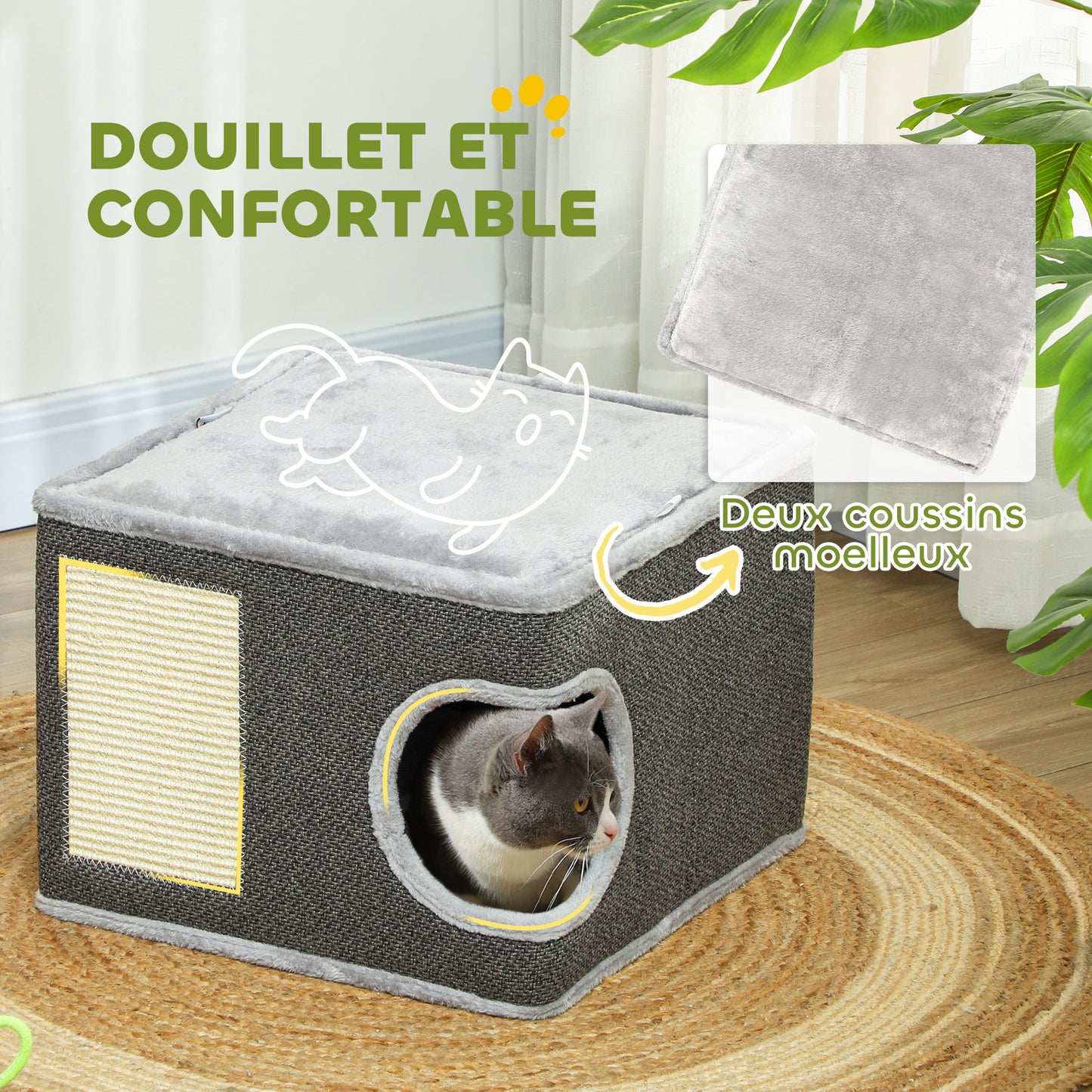 Krabton Kattenhuis Kattenkrabpaal Kattenmeubel Kattenhoek – Donkergrijs – Inclusief 2 Kussens – Sisal Krabvlak – Compact 45x45x35 cm – Pluche Zacht