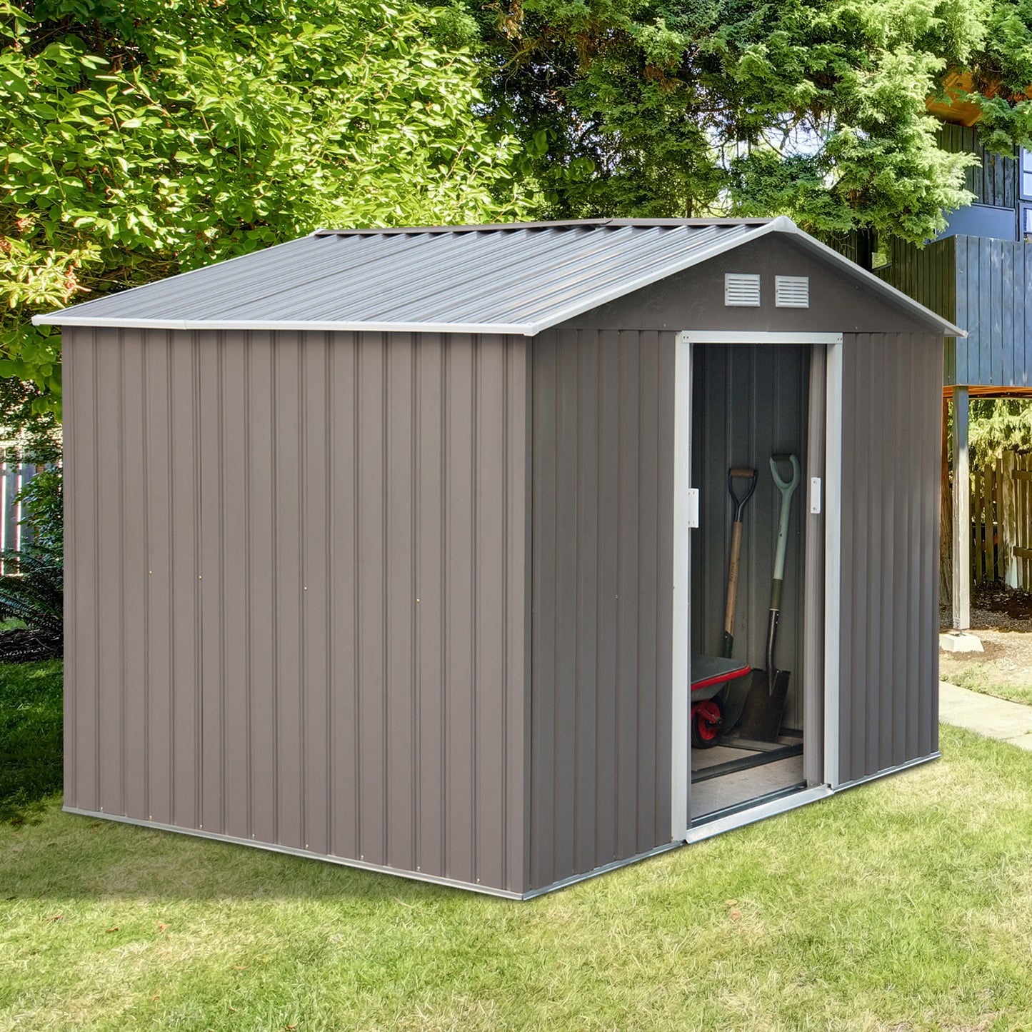 Outsunny Garden Shed 4.9m, Garden Cabin, Garden Storage, Dimensions 2.77L x 1.95W x 1.92H m, Sliding Door, Ventilation, Steel Sheet, Gray