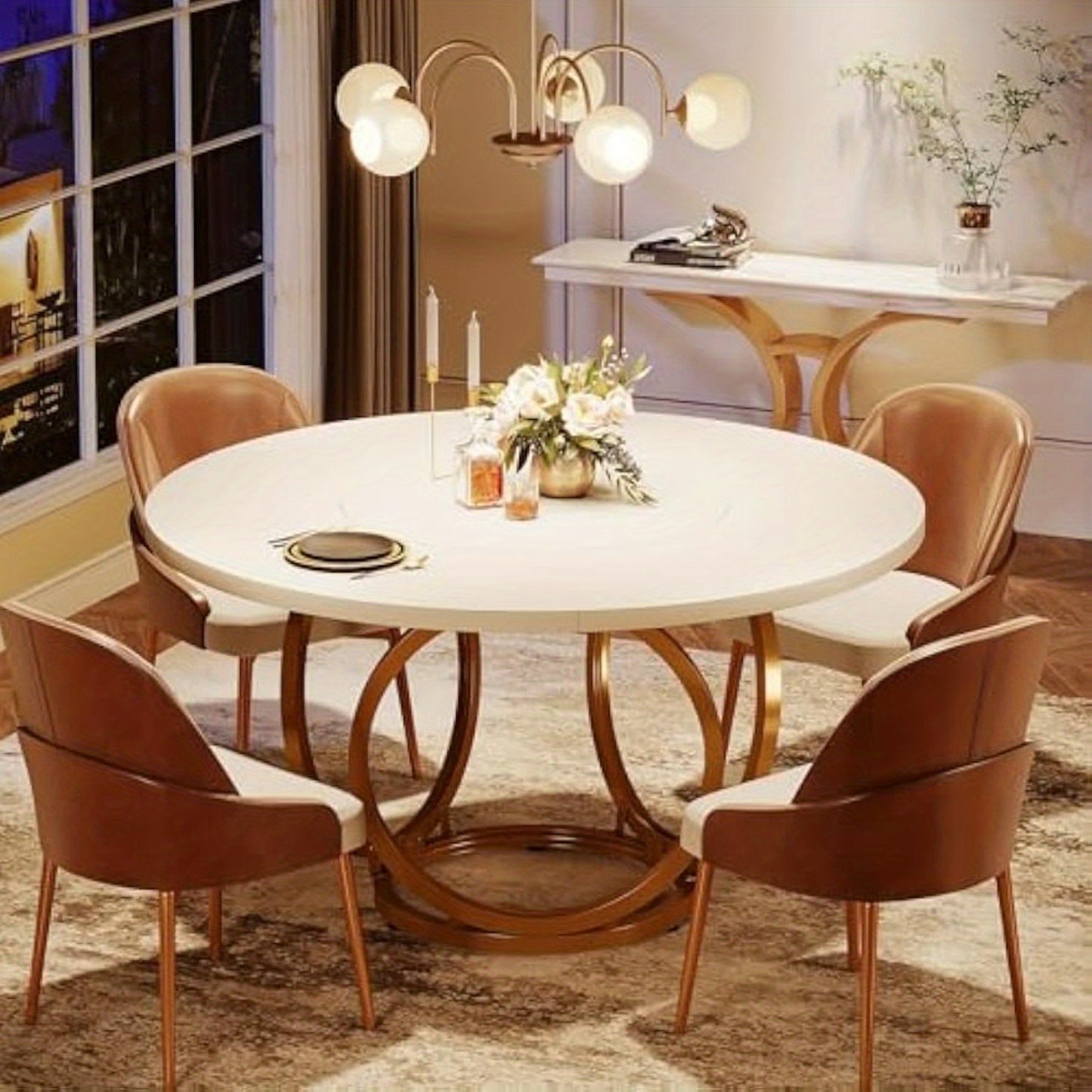Ronde Eettafel – Ronde Tafel – Keukentafel – Eetkamertafel – Salontafel – MDF Tafelblad – Gouden Metalen Onderstel – 120 cm Diameter – Geschikt Voor 4-6 Personen