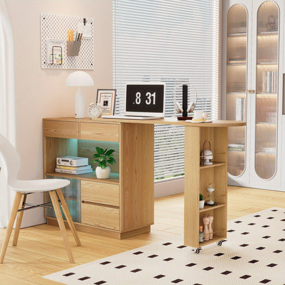 Bureau – Hoekbureau – Computertafel – Werktafel – Bureautafel – L-Vormig – Natuurlijke Houtkleur – Hardhouten MDF Constructie – Draaibaar Werkoppervlak – Opbergrekken