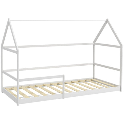 Kinderbed Huis – Cabin Bed – Bunk Bed – Speelbed – Huisbed – Houten Bed – Anti-Val Bescherming – Inclusief Lattenbodem en Dak – Wit – 90x190 cm