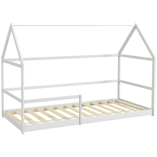 Kinderbed Huis – Cabin Bed – Bunk Bed – Speelbed – Huisbed – Houten Bed – Anti-Val Bescherming – Inclusief Lattenbodem en Dak – Wit – 90x190 cm
