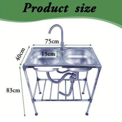 buitenwasbak – spoelbak – gootsteen – handwasbak – waskom – roestvrij staal – dubbele spoelbak – 75x40x83 cm – vrijstaand design