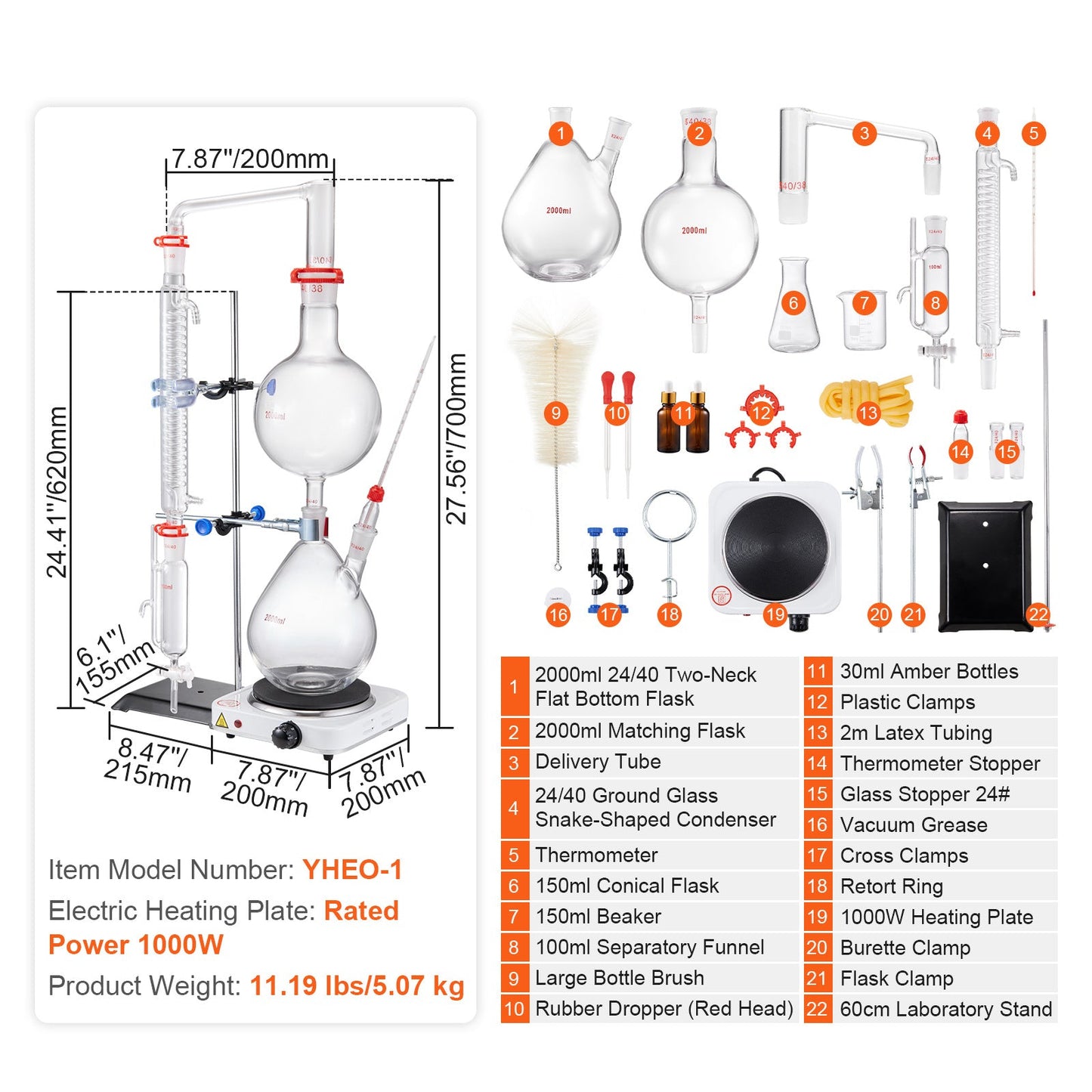 Essentiële Olie Distilleerketel – Destillatieset – Olie Extractieapparaat – Aroma Destillatie Kit – Borosilicaat Glas Set – 2000 ml Inhoud – 1000W Elektrische Verwarmingsplaat
