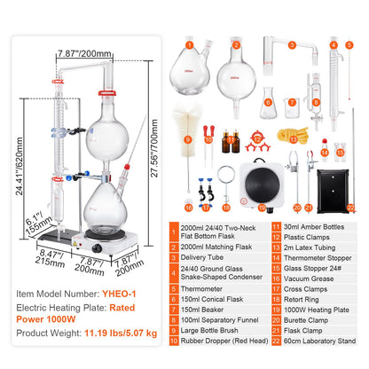 Essentiële Olie Distilleerketel – Destillatieset – Olie Extractieapparaat – Aroma Destillatie Kit – Borosilicaat Glas Set – 2000 ml Inhoud – 1000W Elektrische Verwarmingsplaat