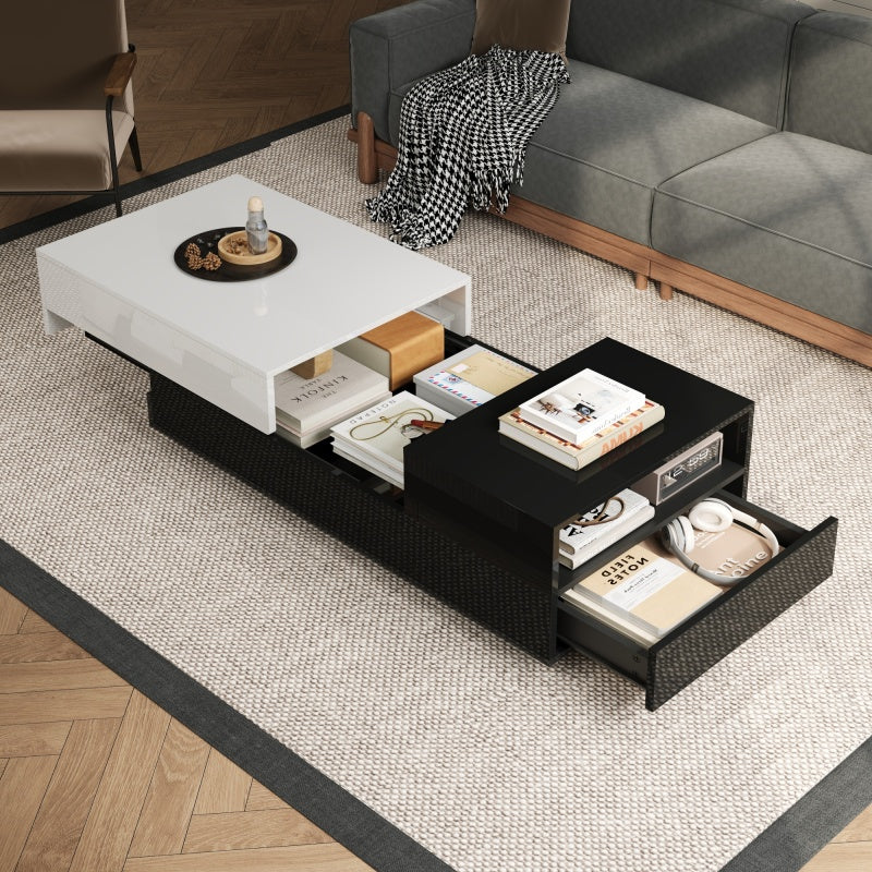 Salontafel – Koffietafel – Woonkamertafel – Dressoirtafel – Bijzettafel – Hoogglans Spaanplaat – Grote Opberglade Met Schuifplaat – Geometrisch Zwart-Wit Design