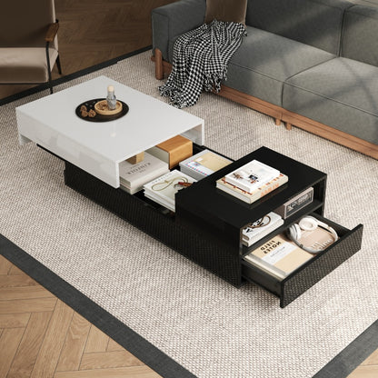 Salontafel – Koffietafel – Woonkamertafel – Dressoirtafel – Bijzettafel – Hoogglans Spaanplaat – Grote Opberglade Met Schuifplaat – Geometrisch Zwart-Wit Design