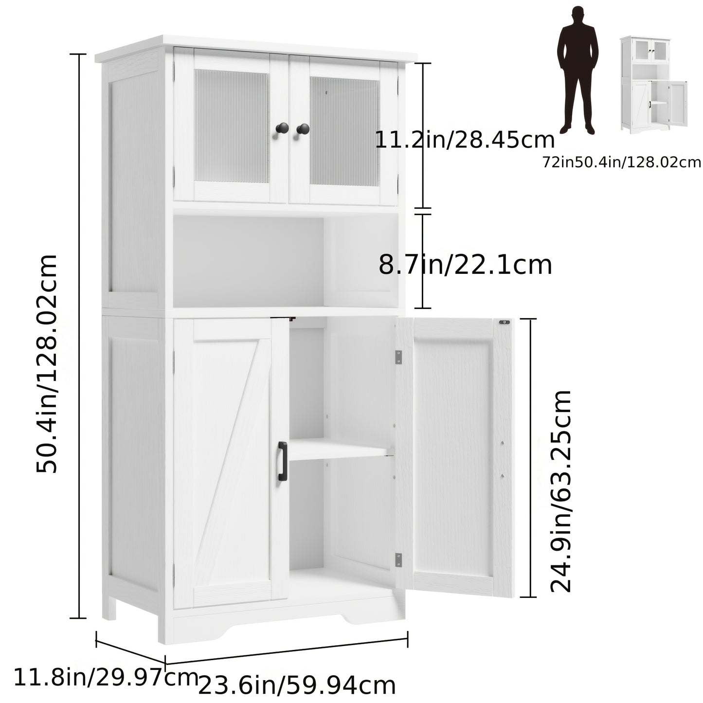 Wit Vloerkastje – Opbergkast – Badkamerkast – Keukenkast – Kast Met Glazen Deuren – 128 cm Hoog – Verstelbare Planken