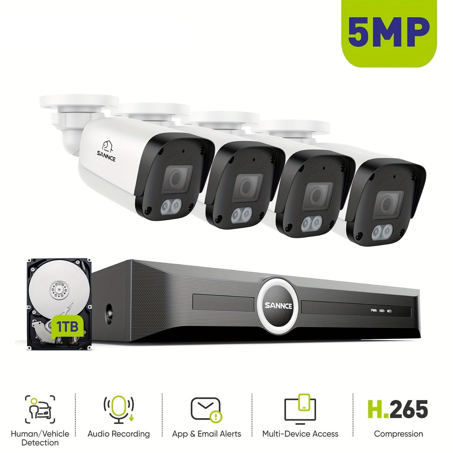 Beveiligingscamera – Camerabewaking – Buitencamera – IP Camera – Bewakingscamera – 5MP Resolutie – 6MP Nachtzicht 30m & 1TB HDD Audio Opname