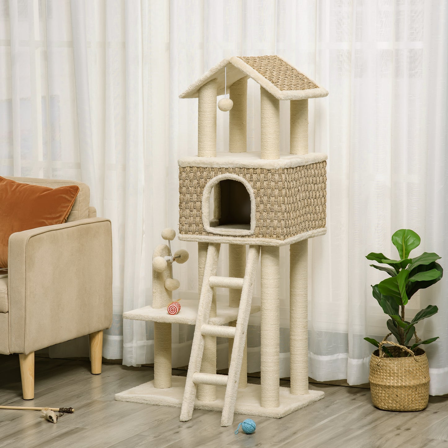 Krabpaal – Kattenboom – Kattenhuis – Krabmeubel – Krabton – Sisal Krabmateriaal – 69x40x131 cm – Crème/Kaki