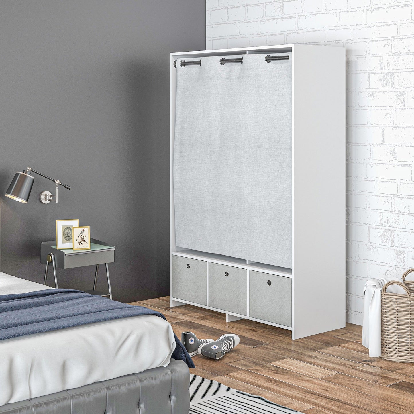 Kledingkast – Garderobekast – Opbergkast – Kleerkast – Kast Met Gordijn – Ruime Hangplek 117,5 cm – 3 Uitneembare Stoffen Lades – Wit – 105x48x160 cm