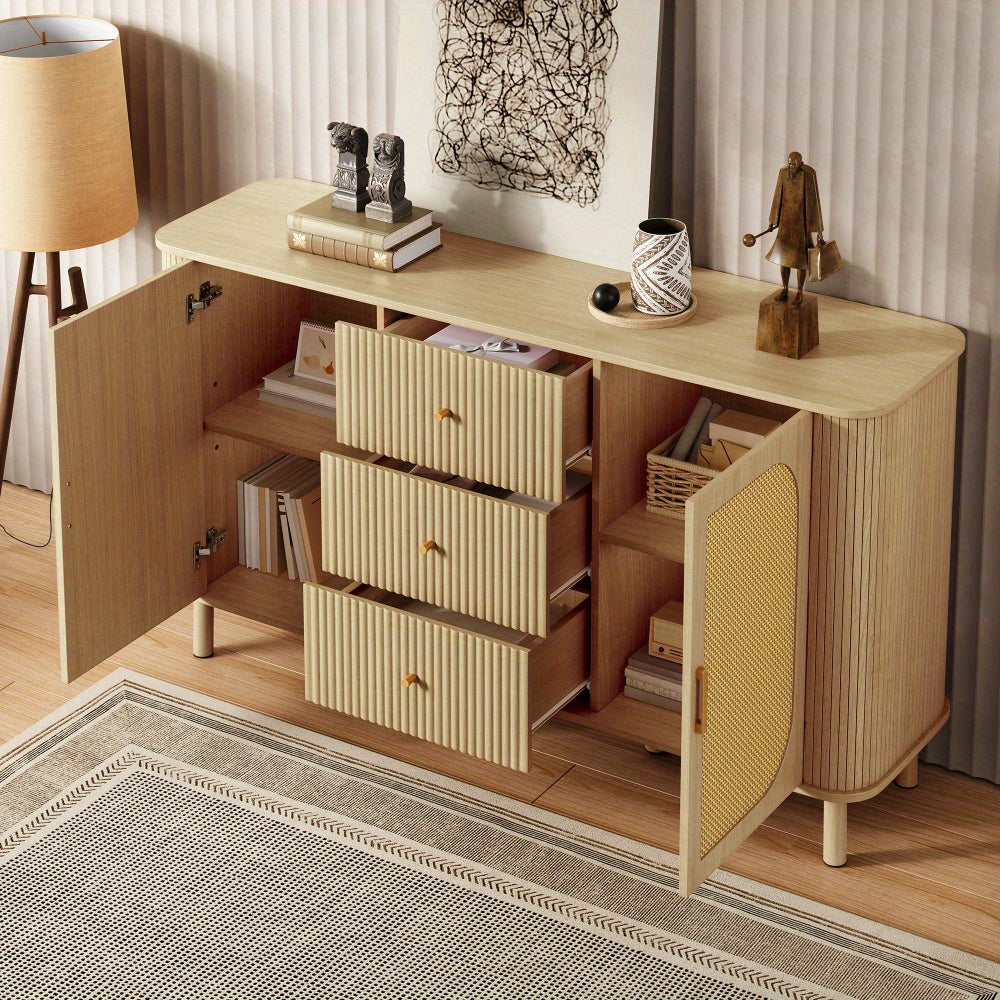 Dressoir – Opbergkast – Ladekast – Buffetkast – Commode – Modern Design – Duurzaam Materiaal – Licht Beige/Natuurlijke Bruin – Met Laden en Open Vakken – Stevige Metalen Poten