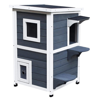 Houten Kattenhuis – Kattenhuisje – Kattenverblijf – Kattenhok – Kattencondo – 2-Delig Met Inklapbaar Dak – Weerbestendig Voor Binnen En Buiten – Grijs Wit – 51x51x81,3 cm