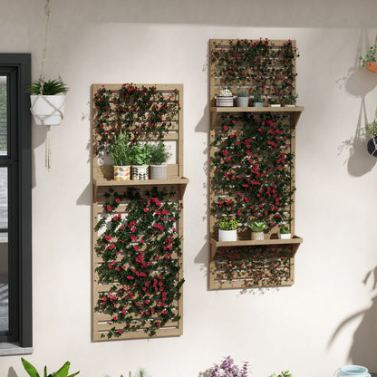 Plantenrek – Plantenstandaard – Plantentafel – Bloemenrek – Plantenzuil – Set van 2 – Houten Batterij – Met Latwerk Klimrek – Natuurlijk Hout – Voor Binnen & Buiten