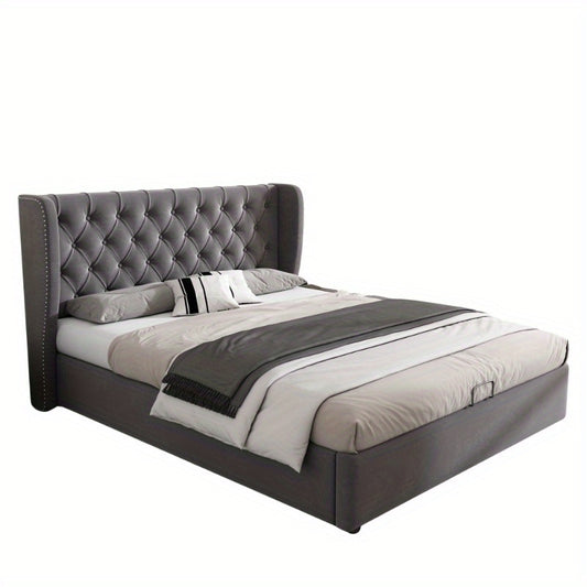 Bedbank – Slaapbank – Bedframe – Opbergbed – Logeerbed – Hydraulisch Opbergbed – Lattenbodem – 140x190 cm – Modern Grijs