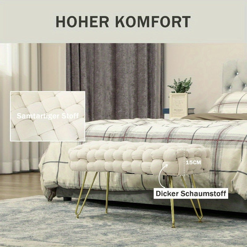 Velvet Padded Kruk – Poef – Voetenkruk – Hocker – Bankje – Met Metaal Poten – Hoogwaardige Voering – Crème Wit – 76x38x42 cm – Duurzaam & Elegant