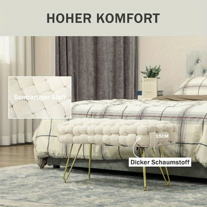 Velvet Padded Kruk – Poef – Voetenkruk – Hocker – Bankje – Met Metaal Poten – Hoogwaardige Voering – Crème Wit – 76x38x42 cm – Duurzaam & Elegant