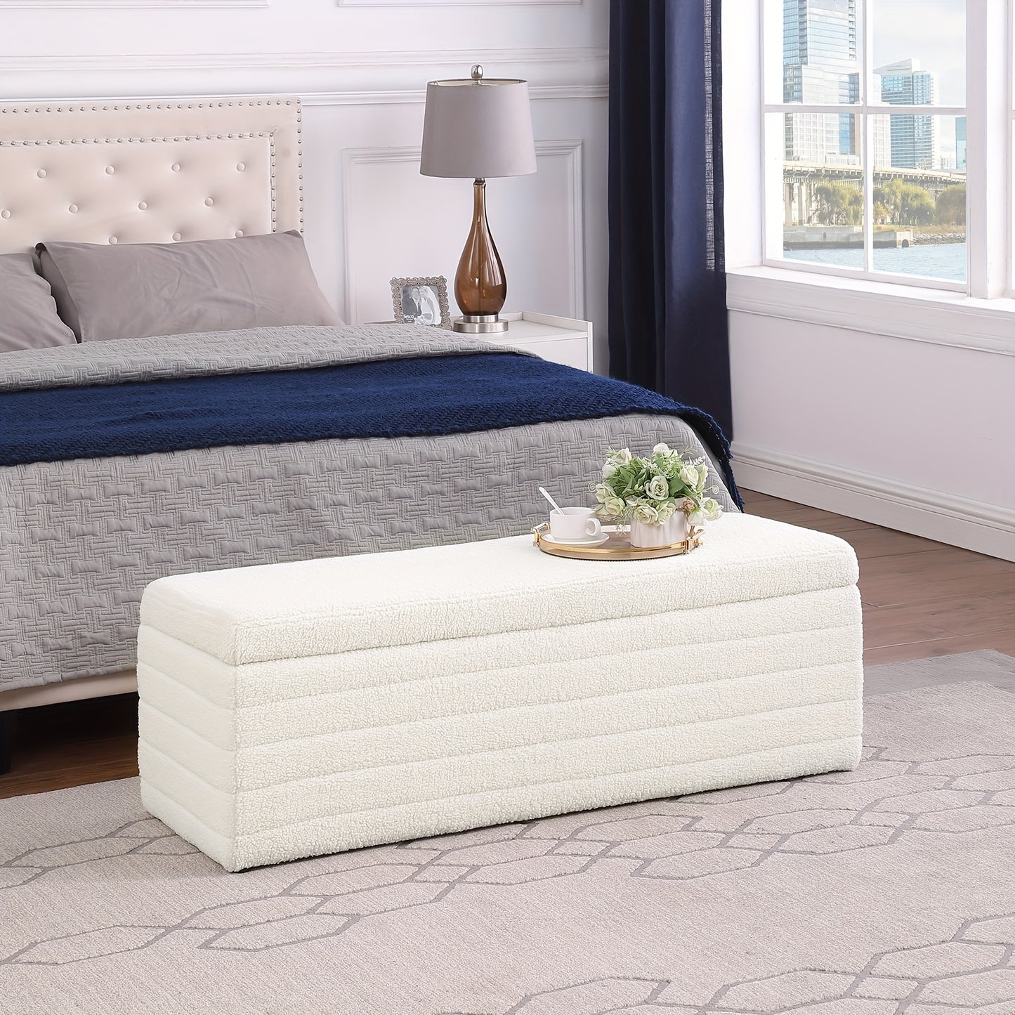 Stool with Storage Space, Modern Bench Bedroom Storage Box Teddy Fabric Footstool Chest 118cm, Beige, Spacesaving Stool, Home Organization, Minimalist Bench, Contemporary Footstool, Cozy Material, Soft Upholstery, Fabric Foot