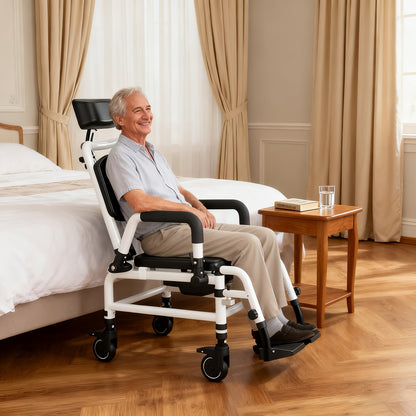 Douchestoel – Douchestoel Met Wielen – Douchekruk – Mobiele Douchestoel – Recliner Douchestoel – Aluminium Frame – Verstelbare Rugleuning & Hoofdsteun – Zwart