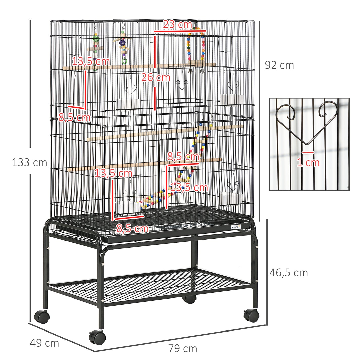 Zwarte Metalen Vogelkooi – Vogelkooi Met Plank – Vogelkooi Klein – Vogelkooi Middelgroot – Vogelkooi Met Wielen – Hoogwaardig Kunststofstaal – Uitneembare Bodemlade