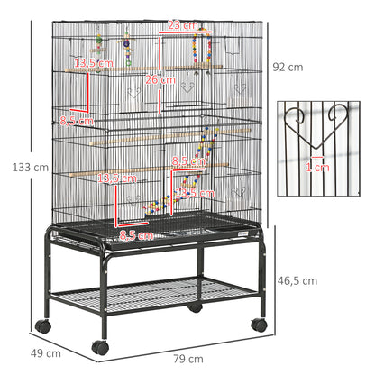 Zwarte Metalen Vogelkooi – Vogelkooi Met Plank – Vogelkooi Klein – Vogelkooi Middelgroot – Vogelkooi Met Wielen – Hoogwaardig Kunststofstaal – Uitneembare Bodemlade