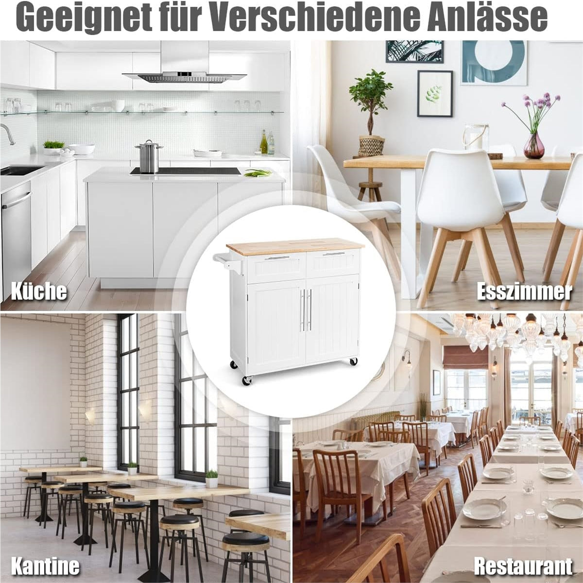 Keukeneiland – Keukenwagen – Serveerwagen – Werktafel – Keukentrolley – Met Handdoekhouder – 2 Laden & 2 Deuren – Witte Rubberwood Constructie