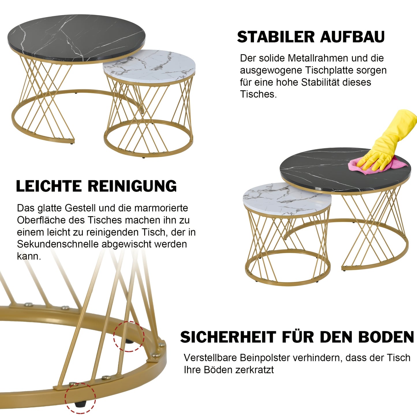 Salontafel – Bijzettafel – Koffietafel – Woonkamertafel – Nesting Set – Rond Marmerfineer – Gouden Metalen Frame – Ruimtebesparend Design – Eenvoudige Montage