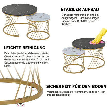 Salontafel – Bijzettafel – Koffietafel – Woonkamertafel – Nesting Set – Rond Marmerfineer – Gouden Metalen Frame – Ruimtebesparend Design – Eenvoudige Montage