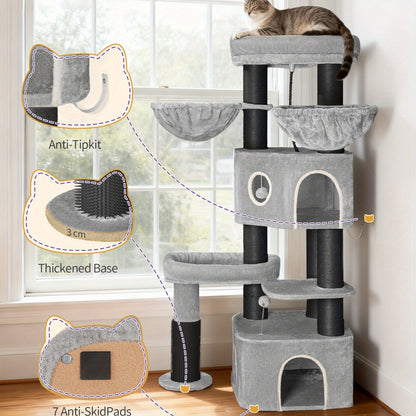 Krabpaal Kat – Krabmeubel Kattenboom – Kattenhuis Krabton – Kattenmeubel Speeltoren – Lichtgrijs Zwart – 163 cm Hoog – Geschikt Voor Grote Katten & Meerdere Katten