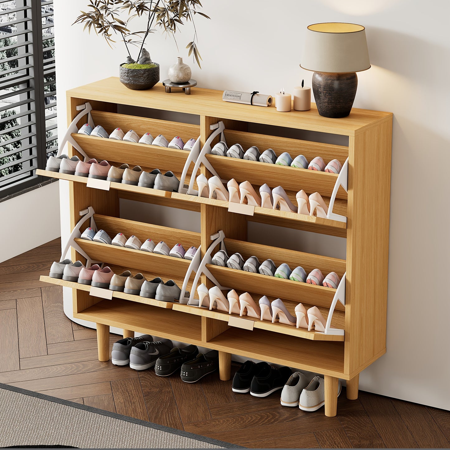 4-Drawer Shoe Cabinet with Folding Drawers - Modern Rattan Shoe with Metal Handles, Beige/Brown Wicker Shoe Rack Organizer with Top Door-Free Access Drawer for Hallway, Bedroom, Home - Space-Saving Shoe Cabinet (100x25x90cm)