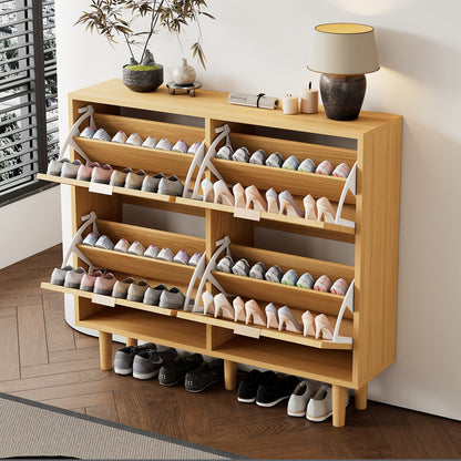 4-Drawer Shoe Cabinet with Folding Drawers - Modern Rattan Shoe with Metal Handles, Beige/Brown Wicker Shoe Rack Organizer with Top Door-Free Access Drawer for Hallway, Bedroom, Home - Space-Saving Shoe Cabinet (100x25x90cm)