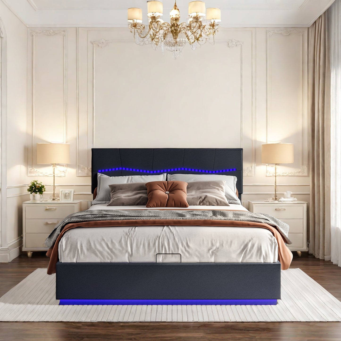 Dubbel Opbergbed – Opbergbox Bed – Stalen Bedframe – Bed Met LED-Verlichting – Ladebed – 140x200 cm – USB Oplaadpoort – Pneumatisch Hefmechanisme