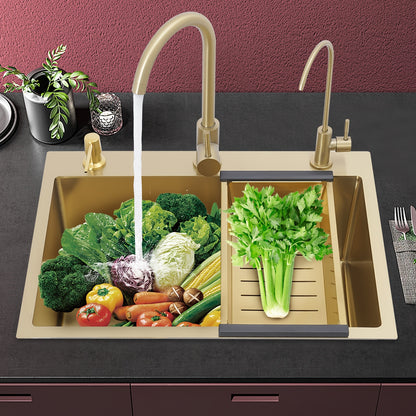 Enkele Spoelbak – Keukenspoelbak – Inbouwspoelbak – Onderbouwspoelbak – RVS Goudkleurig – 60x45 cm – Inclusief 2 Kraan Gaten, Zeepdispenser en Afloopmandje