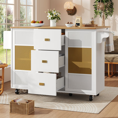 Keukenkar – Keukenwagen – Keukentrolley – Keukenmeubel – Keukenbuffet – Uitklapbaar Werkblad – Rattan Deuren Wit 146,85×42/70×90 cm